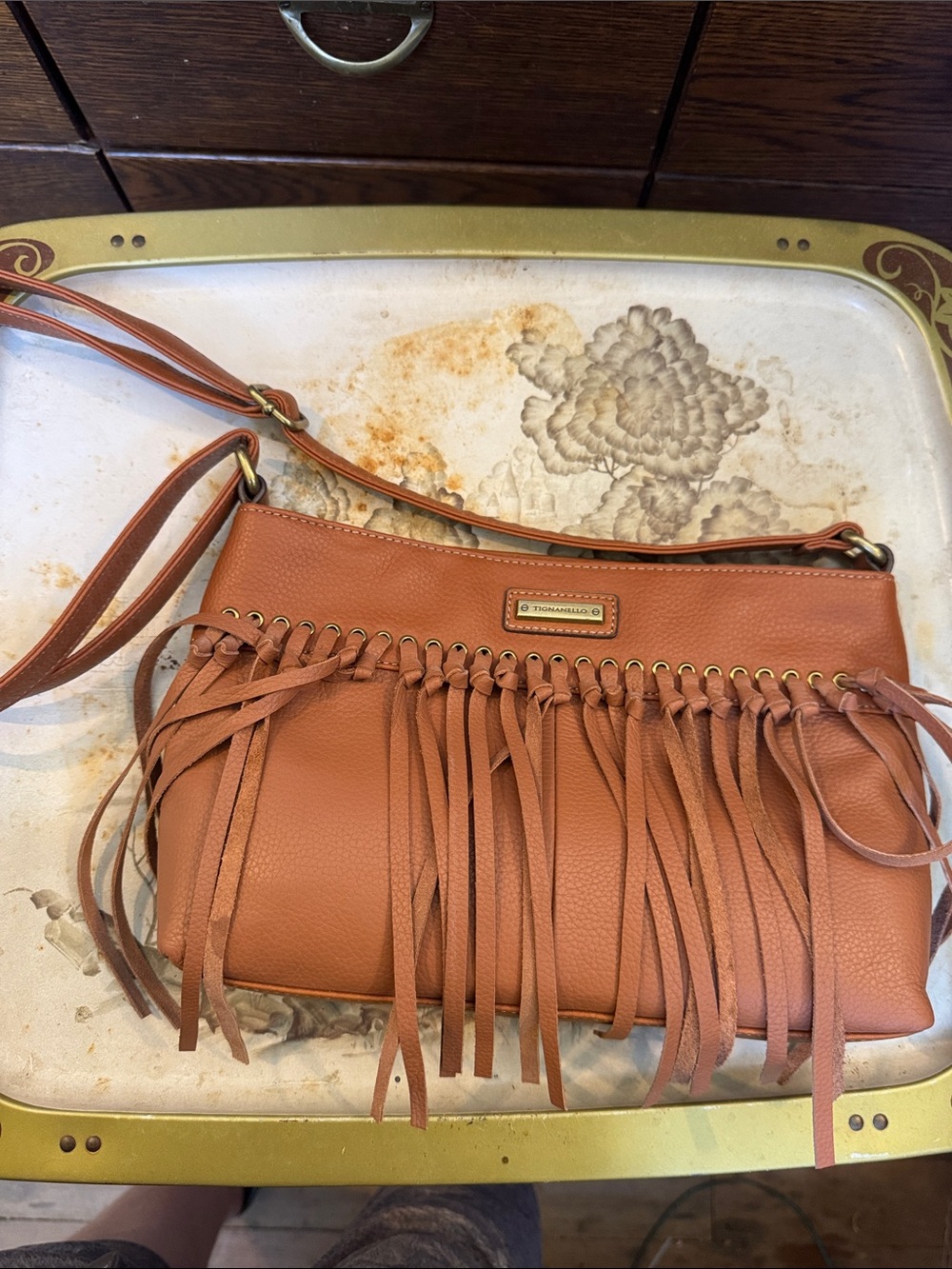 Tignanello Fringe Crossbody Bag in Cognac Brown